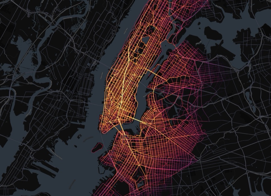 Animated flow map of NYC CitiBike trips routed along city streets